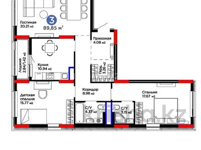 3-комнатная квартира · 90 м² · 7/8 этаж, Е-15 5 за 53 млн ₸ в Астане, Нура р-н