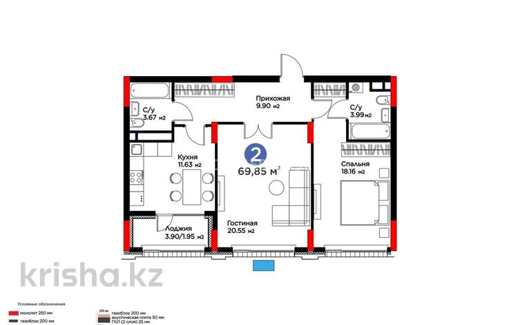 2-бөлмелі пәтер · 70 м² · 3/9 қабат, Е-899, бағасы: 62 млн ₸ в Астане, Нура р-н — фото 2