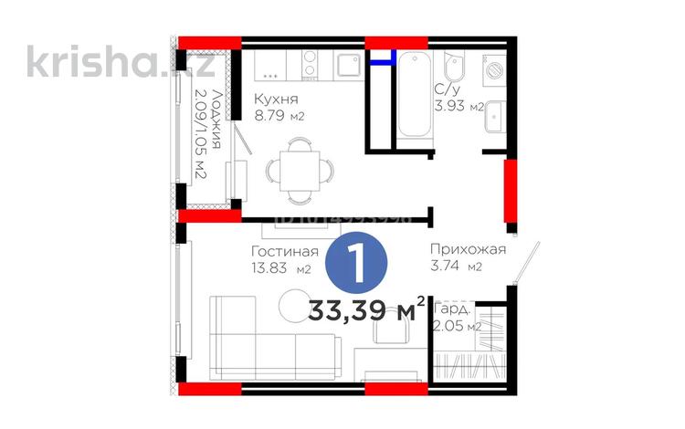 1-комнатная квартира · 33.39 м² · 2 этаж, Е 908 23 за 21 млн ₸ в Астане, Нура р-н — фото 2