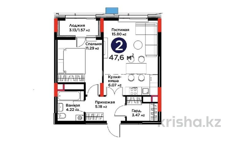 2-бөлмелі пәтер · 47.6 м² · 12/12 қабат, Турар Рыскулов, бағасы: ~ 39.9 млн ₸ в Астане, Есильский р-н — фото 2