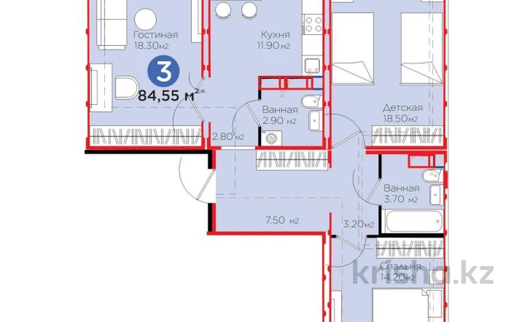 3-комнатная квартира, 84.55 м², Улы Дала 46 за ~ 25.6 млн 〒 в Астане, Есильский р-н — фото 2