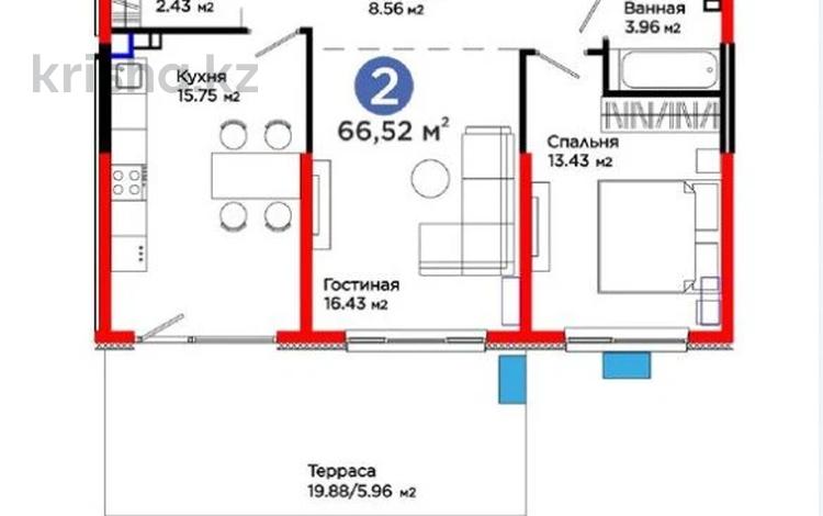 2-бөлмелі пәтер · 66.52 м² · 2/6 қабат, Тараз 8/1, бағасы: 50.5 млн ₸ в Алматы — фото 2