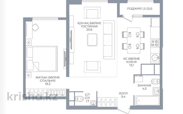 2-комнатная квартира · 69.1 м² · 14/16 этаж, Каныша Сатпаева 90/55Б — Без комиссии за ~ 50.6 млн ₸ в Алматы, Бостандыкский р-н — фото 2