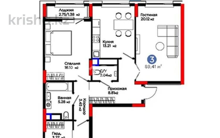 3-комнатная квартира · 89.6 м² · 6/9 этаж, Турар Рыскулов 18/1 за 61 млн ₸ в Астане, Есильский р-н — фото 2