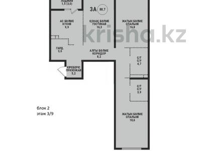 3-комнатная квартира · 88.7 м² · 3/9 этаж, Ботакоз 5 за ~ 49.1 млн ₸ в Алматы, Жетысуский р-н