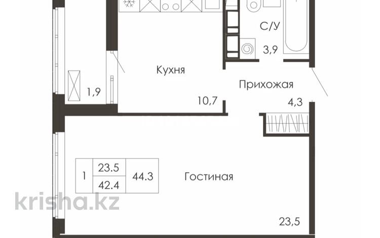 1-комнатная квартира · 44.3 м² · 6/9 этаж, Жумекен Нажимеденов 3/4 за 25 млн ₸ в Астане, Сарайшык р-н — фото 2