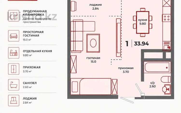 1-комнатная квартира · 33.94 м² · 4/9 этаж, K.Рыскулбекова 3 — Мактымкулы за ~ 12.2 млн ₸ в Астане, Алматы р-н — фото 5