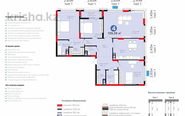 4-комнатная квартира · 139.39 м² · 8/9 этаж, Е-899 3 за ~ 130 млн ₸ в Астане, Нура р-н — фото 24