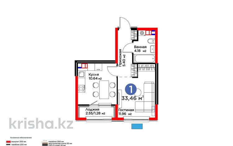 1-бөлмелі пәтер · 33.5 м² · 5/6 қабат, Бауыржана Момышулы 11/14а, бағасы: 32 млн ₸ в Алматы, Алатауский р-н — фото 2
