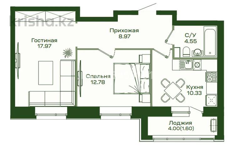 2-бөлмелі пәтер · 56.5 м² · 4/9 қабат, Шамши Калдаяков 60Б, бағасы: 35 млн ₸ в Астане, Сарайшык р-н — фото 2