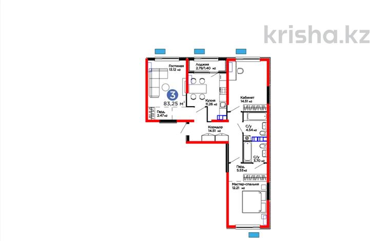 3-бөлмелі пәтер · 83.25 м² · 3/6 қабат, Тараз 8/1, бағасы: ~ 49.8 млн ₸ в Алматы, Турксибский р-н — фото 2