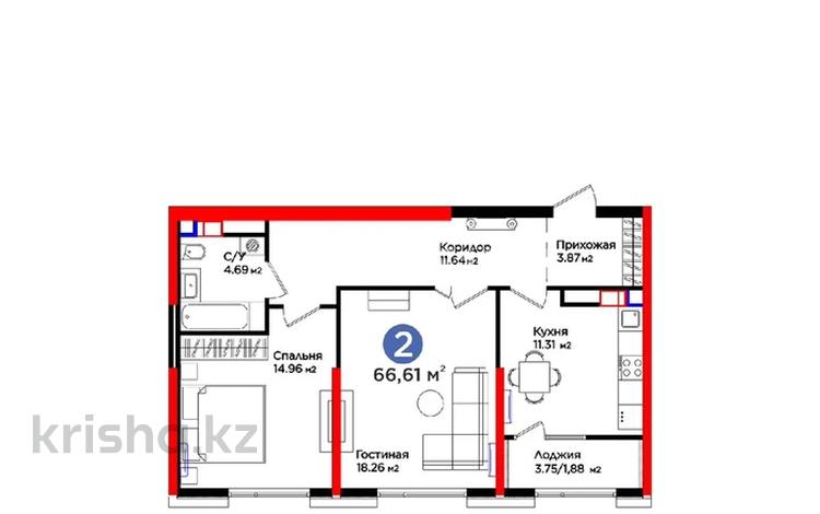 2-комнатная квартира · 67 м² · 11/12 этаж, мкр Тараз 4 for you — Рыскулова за 39.9 млн ₸ в Шымкенте, Аль-Фарабийский р-н — фото 3