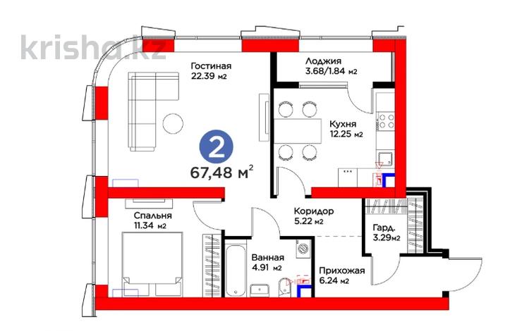 2-комнатная квартира · 68 м² · 3/26 этаж, Кунаева за ~ 76.5 млн 〒 в Шымкенте, Аль-Фарабийский р-н — фото 2