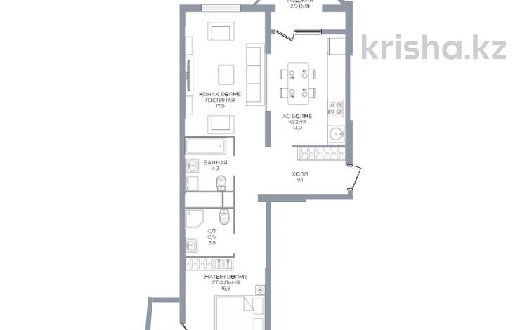 2-комнатная квартира · 70 м² · 16/16 этаж, Каныша Сатпаева 90/55Б — БЕЗ КОМИССИИ за ~ 51.9 млн ₸ в Алматы, Бостандыкский р-н — фото 2