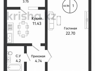 1-комнатная квартира · 44.94 м² · 9/10 этаж, Кошкарбаева — Жанибекова за 19.9 млн ₸ в Астане, Алматы р-н