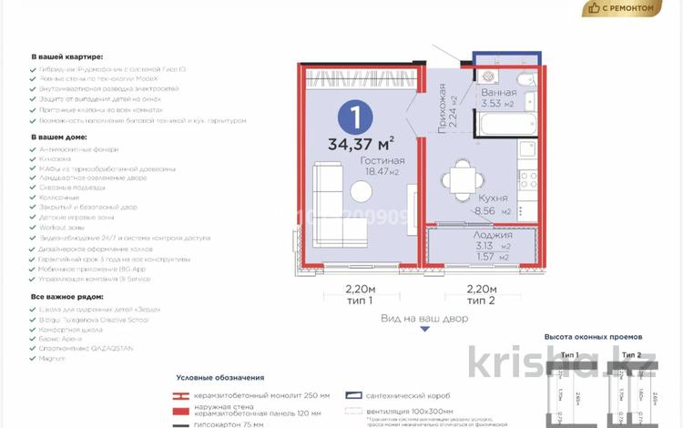 1-бөлмелі пәтер · 34.37 м² · 5/12 қабат, Казыбек би 23, бағасы: 27 млн ₸ в Астане, Нура р-н — фото 2