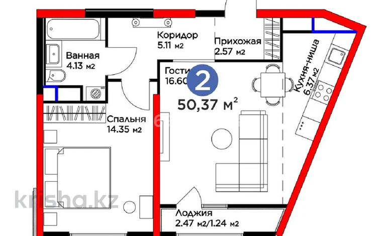 2-комнатная квартира, 50.37 м², 12/12 этаж, Байдибек би 115/10 за 24 млн 〒 в Шымкенте, Туран р-н — фото 2