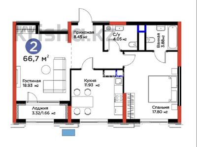 2-бөлмелі пәтер · 66.7 м² · 4/14 қабат, Кайым Мухамедханов 6/1, бағасы: 68 млн ₸ в Астане, Нура р-н