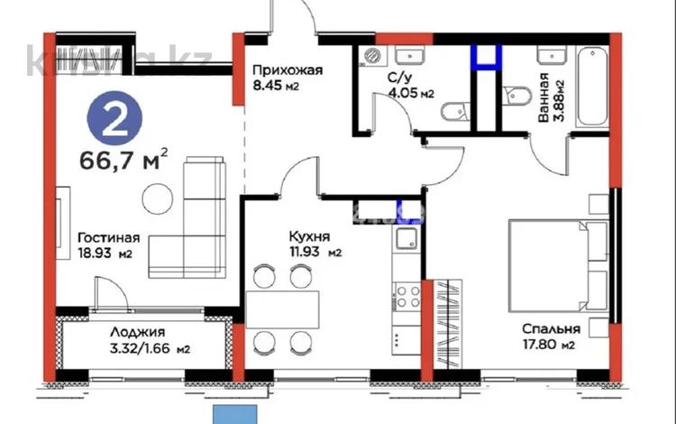 2-бөлмелі пәтер · 66.7 м² · 4/14 қабат, Кайым Мухамедханов 6/1, бағасы: 68 млн ₸ в Астане, Нура р-н — фото 2