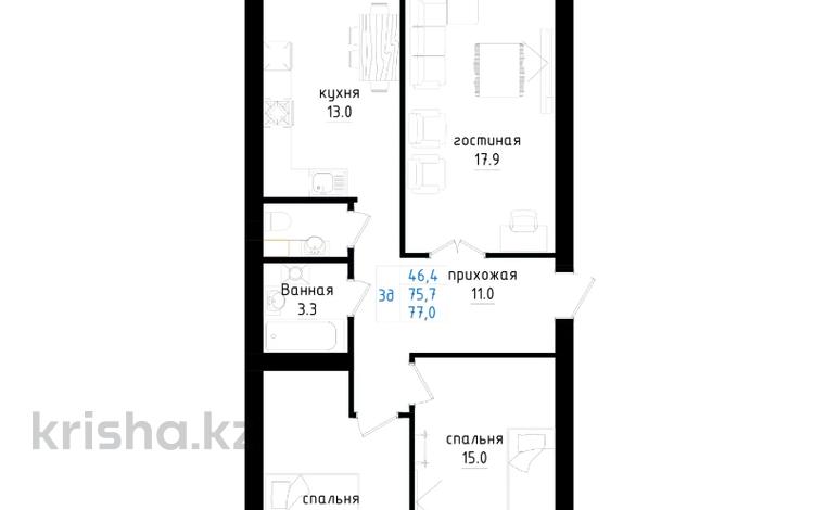 3-комнатная квартира · 77 м² · 2/5 этаж, Кенжетаева 24 — Сулейменова за ~ 26.2 млн ₸ в Кокшетау — фото 2