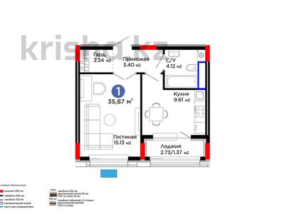 1-бөлмелі пәтер · 35.87 м² · 2/9 қабат, Шоссе Коргалжын 24/2 — Айтматова, бағасы: 22.5 млн ₸ в Астане, Нура р-н