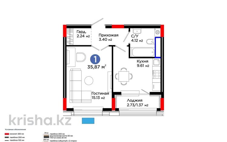 1-бөлмелі пәтер · 35.87 м² · 2/9 қабат, Шоссе Коргалжын 24/2 — Айтматова, бағасы: 22.5 млн ₸ в Астане, Нура р-н — фото 14