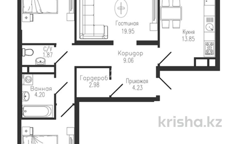 3-комнатная квартира · 83.25 м² · 7/9 этаж, Толеметова 106/3 за ~ 33.3 млн ₸ в Шымкенте, Абайский р-н — фото 2