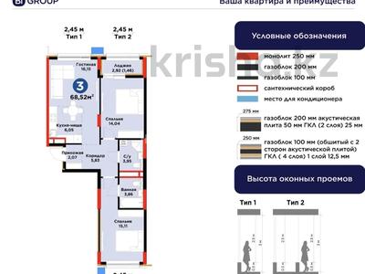 3-комнатная квартира · 70 м² · 7/9 этаж, Е-899 7 за 57 млн ₸ в Астане, Нура р-н