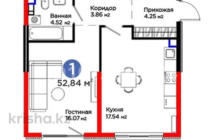 1-комнатная квартира · 52.5 м² · 2/6 этаж, мкр Кайрат 135/33 — Dream City. Family F за 48 млн ₸ в Алматы, Турксибский р-н — фото 2