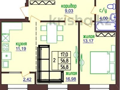 2-бөлмелі пәтер · 56.8 м² · 5/5 қабат, Г. Каирбекова 374А, бағасы: ~ 19.3 млн ₸ в Костанае