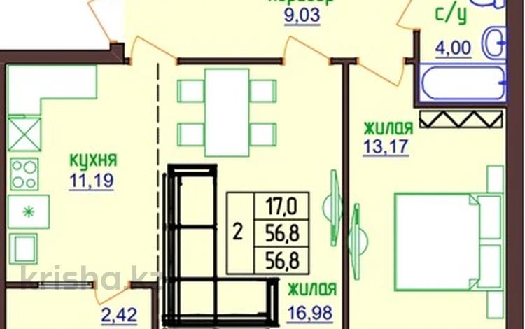 2-бөлмелі пәтер · 56.8 м² · 5/5 қабат, Г. Каирбекова 374А, бағасы: ~ 19.3 млн ₸ в Костанае — фото 2