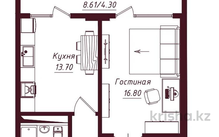 1-комнатная квартира, 45.3 м², 2/13 этаж, Кунаева 45 — Мадели кожа за ~ 29.9 млн 〒 в Шымкенте, Аль-Фарабийский р-н — фото 2