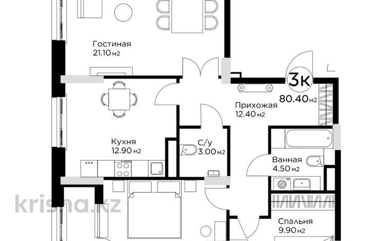 3-комнатная квартира · 80.4 м² · 8/12 этаж, ул. Е-36 13 — БЕЗ КОМИССИИ, ЕСТЬ ЕЩЕ ВАРИАНТЫ за ~ 39.8 млн ₸ в Астане, Нура р-н — фото 2