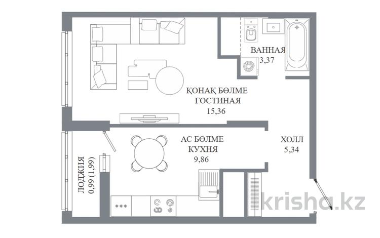 1-комнатная квартира · 34.92 м² · 14 этаж, Пересечение ул. Калдаякова и ул. Жургенова — Без комиссии|Рассрочка и ипотека за ~ 19.8 млн ₸ в Астане — фото 13