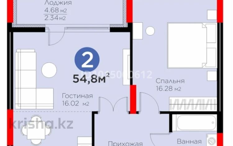 2-бөлмелі пәтер · 54.8 м² · 8/16 қабат, Динмухамед Конаев 3, бағасы: 59 млн ₸ в Астане, Есильский р-н — фото 2