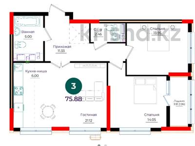 3-комнатная квартира · 75.88 м² · 4/17 этаж, Е 882 13 — Набережная за 35.4 млн ₸ в Астане, Нура р-н