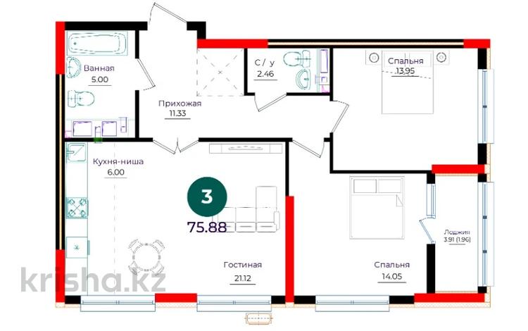3-комнатная квартира · 75.88 м² · 4/17 этаж, Е 882 13 — Набережная за 35.4 млн ₸ в Астане, Нура р-н — фото 2