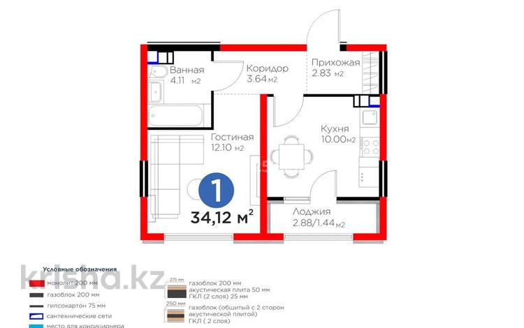 1-бөлмелі пәтер · 34.12 м² · 6/6 қабат, мкр Кайрат 716/16, бағасы: 23.9 млн ₸ в Алматы, Турксибский р-н — фото 2