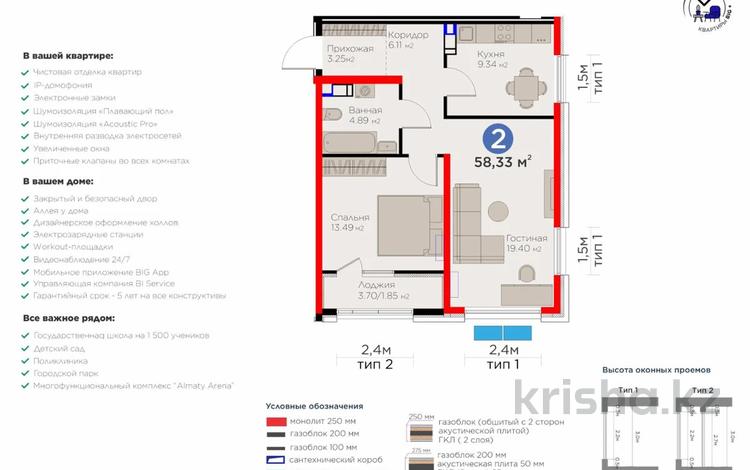 2-бөлмелі пәтер · 58.33 м² · 4/9 қабат, Ботагөз, бағасы: 52 млн ₸ в Алматы, Алатауский р-н — фото 6