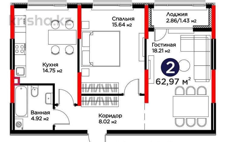 2-бөлмелі пәтер · 63 м² · 2/17 қабат, Е 908 23 — Горячая цена, бағасы: 35.9 млн 〒 в Астане, Нура р-н — фото 2