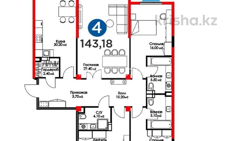 4-комнатная квартира · 144 м² · 6/16 этаж, К. Толеметова 64 за 120 млн ₸ в Шымкенте, Енбекшинский р-н — фото 2