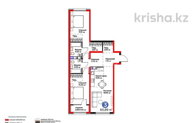 3-комнатная квартира · 82.9 м² · 1/6 этаж, мкр Дарабоз, Бауыржана Момышулы за 68 млн ₸ в Алматы, Алатауский р-н — фото 2