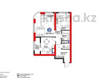 2-комнатная квартира, 69.45 м², 21/22 этаж, Кунаева за ~ 60.4 млн 〒 в Шымкенте, Аль-Фарабийский р-н