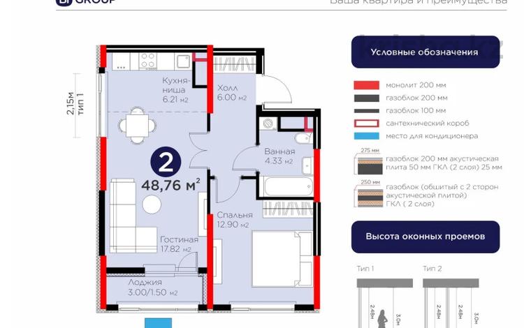 2-комнатная квартира · 48.76 м² · 17/17 этаж, Е 908 23 — Комфорт plus от BI Group за 26.8 млн 〒 в Астане, Нура р-н — фото 2