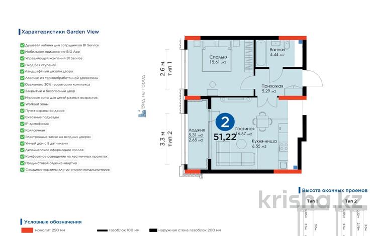 2-комнатная квартира, 51.42 м², 3/12 этаж, Кабанбай Батыра 58стр — Самая горячая цена без комисcии!