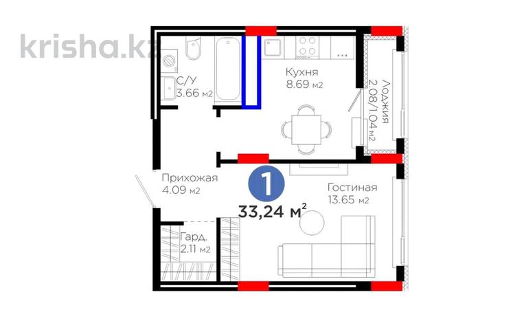 1-бөлмелі пәтер · 34 м² · 8/9 қабат, Е 908 23, бағасы: 18.9 млн ₸ в Астане, Нура р-н — фото 2