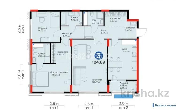 3-комнатная квартира, 124.89 м², 5/9 этаж, Бухар жырау 26 за 95 млн 〒 в Астане — фото 2