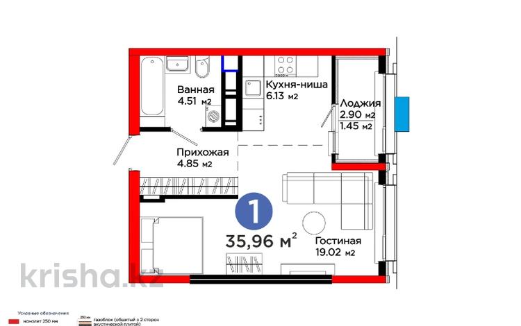 1-комнатная квартира, 35.96 м², 10/16 этаж, Абая за ~ 17.3 млн 〒 в Шымкенте, Туран р-н — фото 8