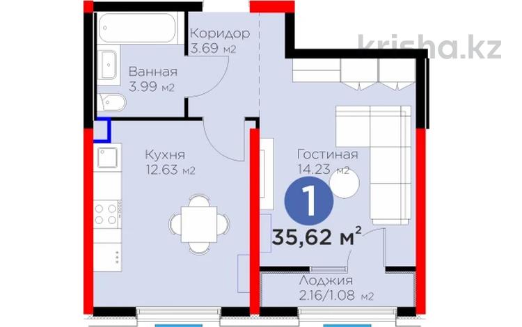 1-бөлмелі пәтер · 35.62 м² · 1/12 қабат, Байдибек би — ежемесячно 100000тг, бағасы: ~ 17.1 млн 〒 в Шымкенте, Абайский р-н — фото 2