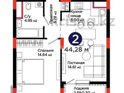 2-комнатная квартира · 44.28 м² · 5/12 этаж, Улы Дала за 25.8 млн 〒 в Астане, Нура р-н